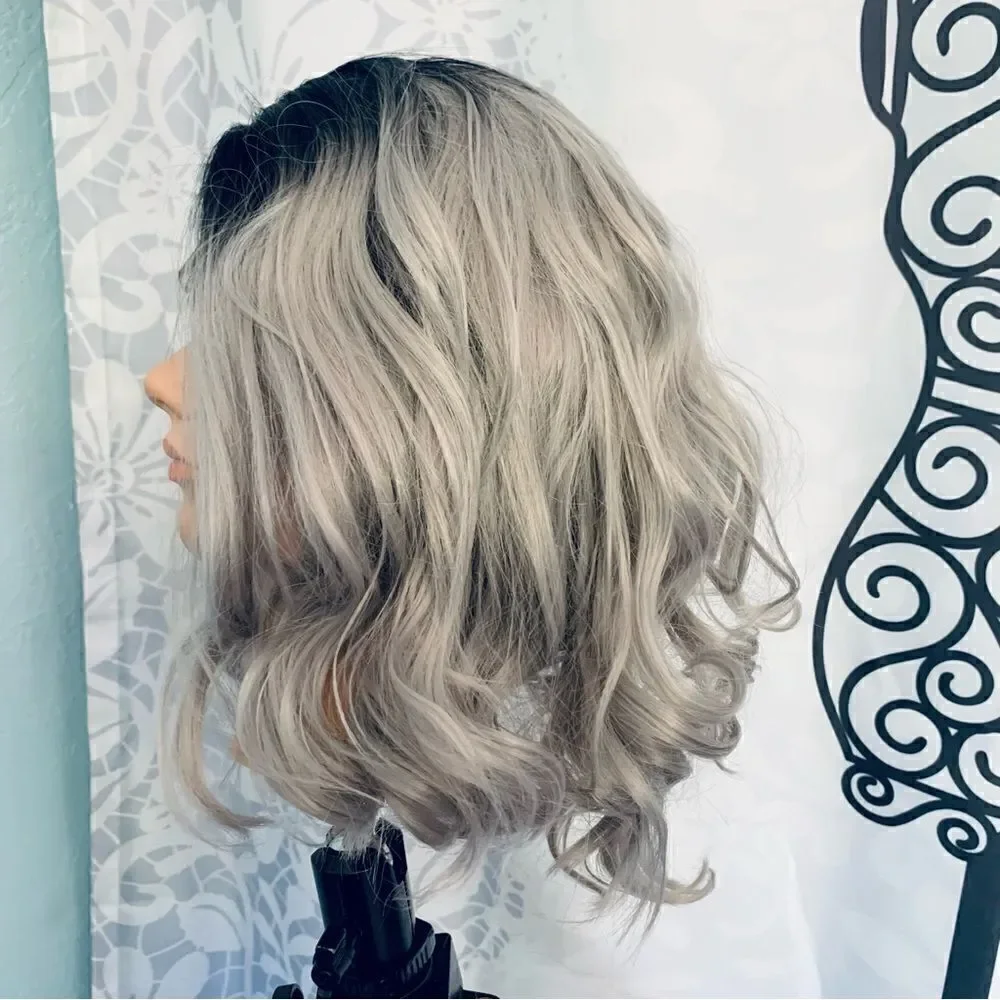 Silver Gray with Dark Roots Lace Front Heat Friendly Synthetic Wig Size Average
